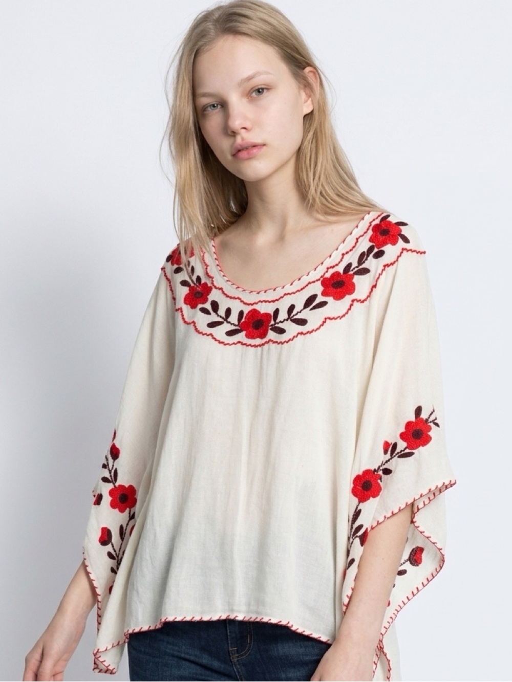 NWT Forever 21 Medium Cream/Red Embroidered Floral Scoop-Neck Top